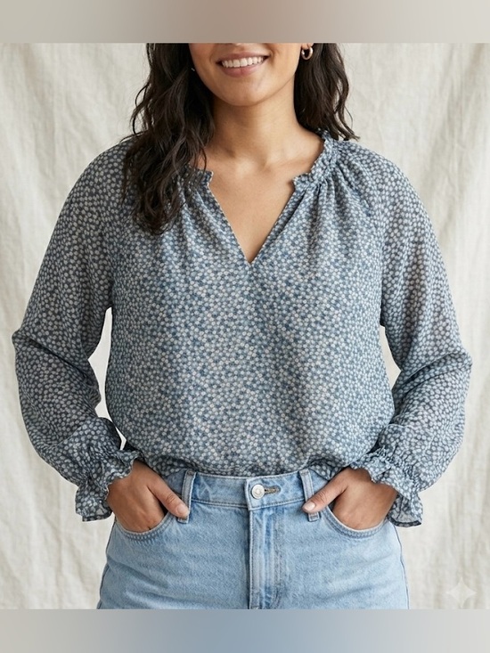 Madewell Tops - Madewell 100% Silk Ruffle Neck Boho Poet Sleeve Blouse in Ditsy Blue Floral L